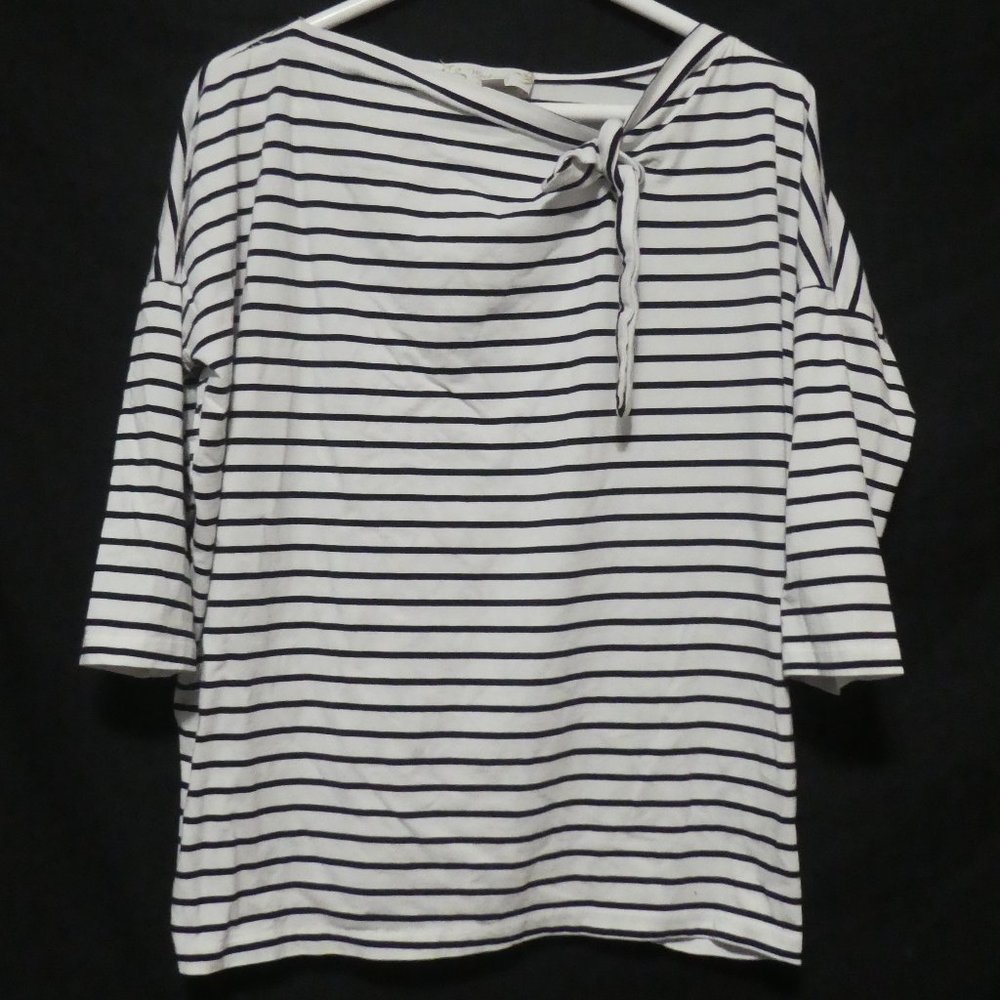 WEEKEND by SUZANNE BETRO | small | Striped Shirt | Tie Neck Side | NWOT